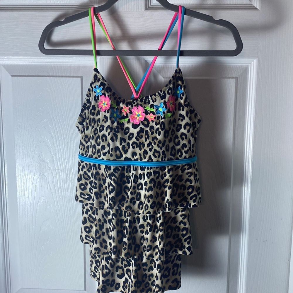 Justice Swim Kid Tankini Top Animal Print Floral  Criss Cross back Child 20